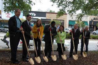 Photo of Ryan Schmitt, of Petticoat Schmitt, Doug Skiles, SMPS Past President, Diane Martin, SMPS President, Mayor Alvin Brown, Council Member Boyer, George Foote, SMMA President, and Rob Smith, Landscape Architect for the park, ceremonialy breaking ground for the Balis Park renovation project.