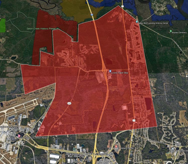 An area with a northern border of the preserves straddling the Duval/Nassau County line, a southern border of Owens road. The eastern border is Hidden Lake, and on the west is the northern third of the airport