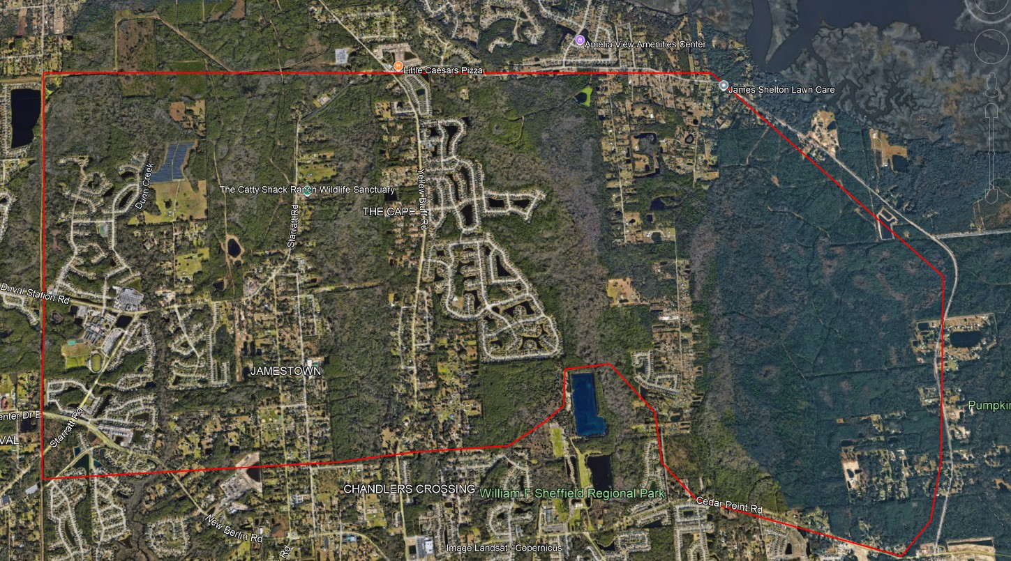 A region north of Sheffield Regional Park and south of Starrat rd and bounded on east by Boney rd, and to the west by a large JEA Right of Way