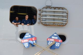 Photo of sailors looking out a port hole on the USS Iwo Jima.