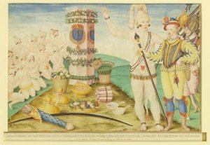 A painting by Jacques Le Moyne depicting Jean Ribault's landing in Florida. This is the only known copy of a Jacques Le Moyne painting. It resides in a special collection at the New York Public Library.