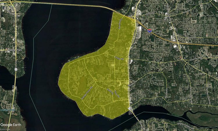 Proposed treatment area covering mandarin west of San Jose blvd and south of the 295