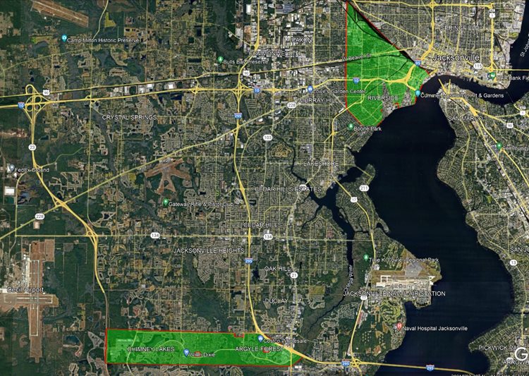 Two sites, one consisting of the Brooklyn, Riverside, Murray Hill, Avondale, and Lackawanna neighborhoods from the railroad yard south to Edgewood and from the St John's River to Nelson st.. The second consists of the Chimney Lakes and Argyle Forest areas between Collins rd and the County Line.