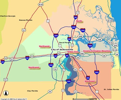 Map of named areas in Jacksonville.