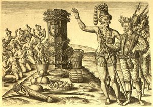 An engraving modeled after a painting by Le Moyne depicting the landing of Jean Ribault