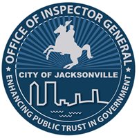 Blue and silver  Office of Inspector General Logo with horse with rider and City of Jacksonville skylilne, Enhancing Public Trust in Government