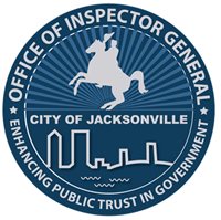 Blue and silver Office of Inspector General Logo with horse with rider and City of Jacksonville skylilne, Enhancing Public Trust in Government