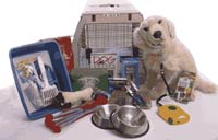 Photo shows items that should be included in a pet disaster kit such as food, water and medicine.