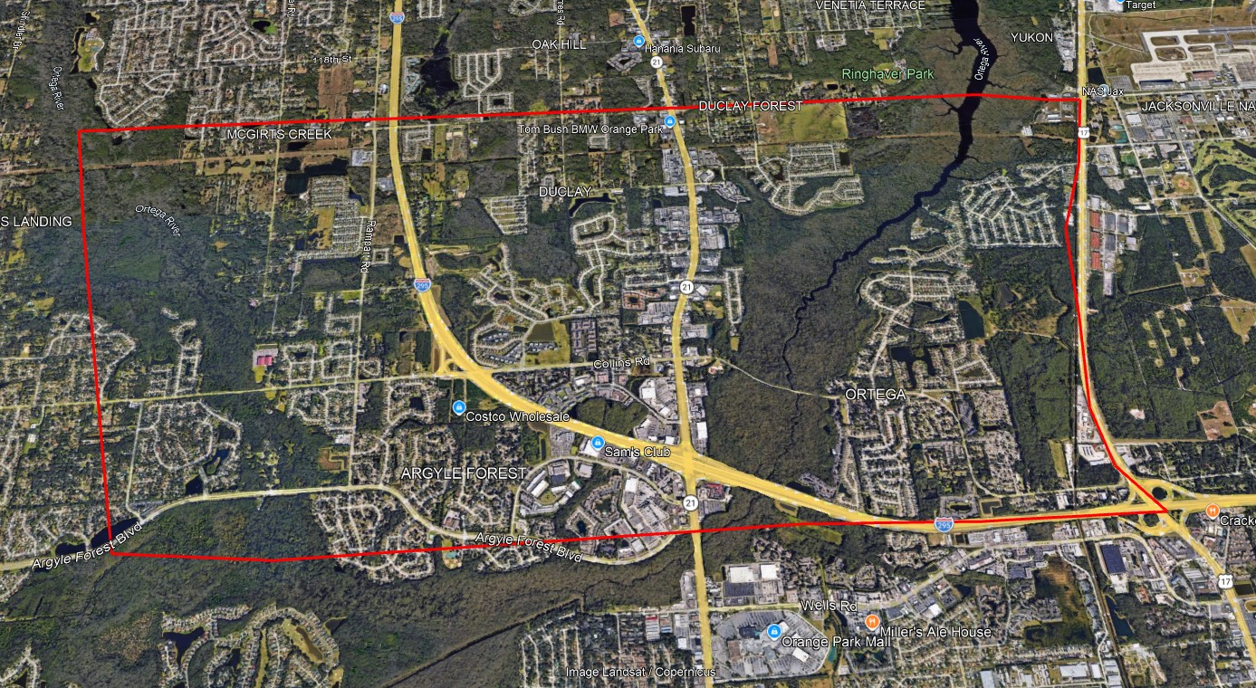 An area extending between the Clay County line from Collins rd toward 103rd, and from NAS Jax to slightly-over the Ortega River