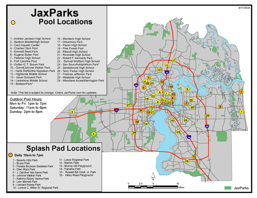JaxParks 2024 Pool Locations Map