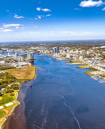 overhead view of st. johns river in downtown jacksonville