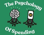 One person with brain head and one person with dollar bill head, sitting next to each other in yoga post