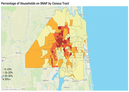Map showing Duval County census blocks with highest SNAP participation rates
