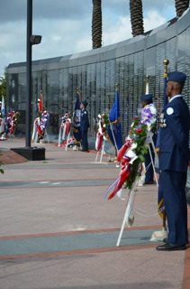 service wreathes and flags at Memorial Day Ceremony