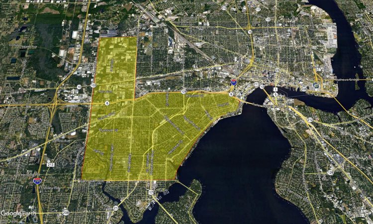 Proposed treatment area extending west of the St Johns river to the line of Lane ave, and nourth to W 12th st, terminating in the south at San Juan ave