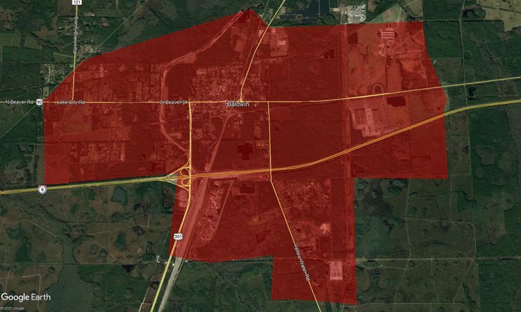 Proposed spray mission comprising of the township of Baldwin, and surrounding woodland areas