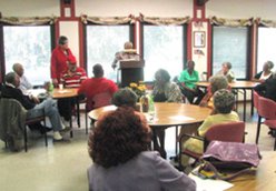 Longbranch Senior Center interior building with people sitting at tables
