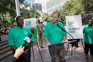 Photo of Vince Cavin, executive director of Friends of Hemming Park, addressing the audience.