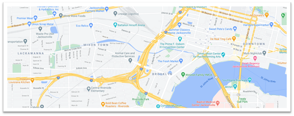 Map showing where McCoys Creek is located west of downtown Jacksonville