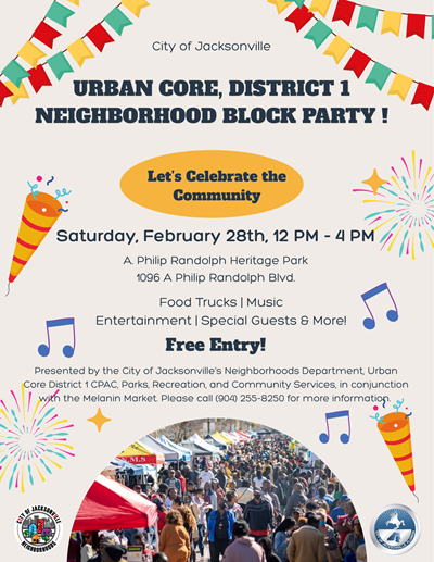 Urban Core, District 1 Neighborhood Block Party Flyer