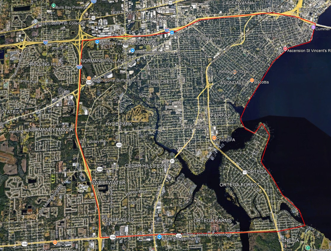 RiversideWNV.jpg An area that includes everything between the I-10 and 103rd street, and between the St. Johns River and the I-295