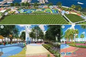 riversedge park project rendering - people enjoying grassy park spaces