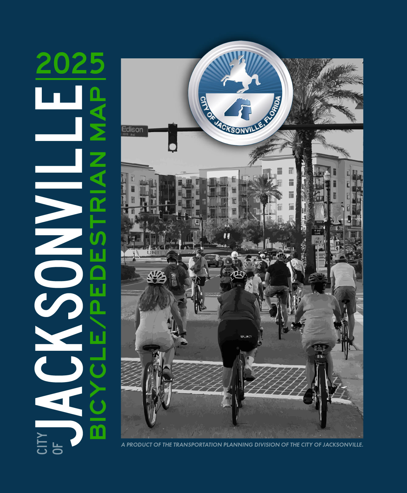 The cover image of the Jacksonville Bicycle/Pedestrian Map, 2025 update. The cover features a black-and-white image of a large group of cyclists riding North on Riverside Avenue, the City seal of Jacksonville, and the text "City of Jacksonville Bicycle/Pedestrian Map 2025", all set against a dark blue background.